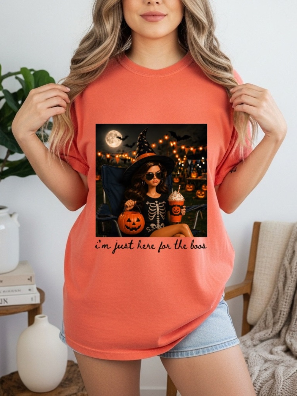 Comfort Colors Coral Halloween Graphic Tee with Pumpkin Design